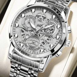 *CLOSEOUT* Mens Silver Skeleton Mechanical Style Face Link Watch