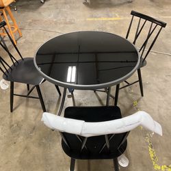 4 Pieces  Set  Table And 3 Chairs  Black  Metal And Glass