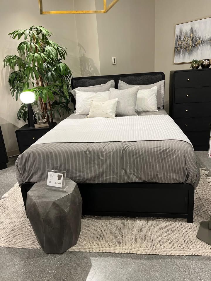 Modern Queen bedroom set features upholstered headboard creates soft, inviting presence