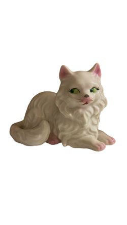 Vintage Lefton Porcelain Persian Cat Figurine, Pink Details, Green Eyes