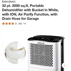 Edendirect
32 pt. 2000 sq.ft. Portable Dehumidifier with Bucket in White, with ION, Air Purify Function, with Drain Hose for Garage
