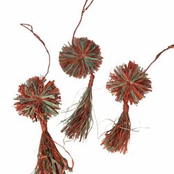 Handcrafted Red and Green Straw Tassel Ornaments Set of 3