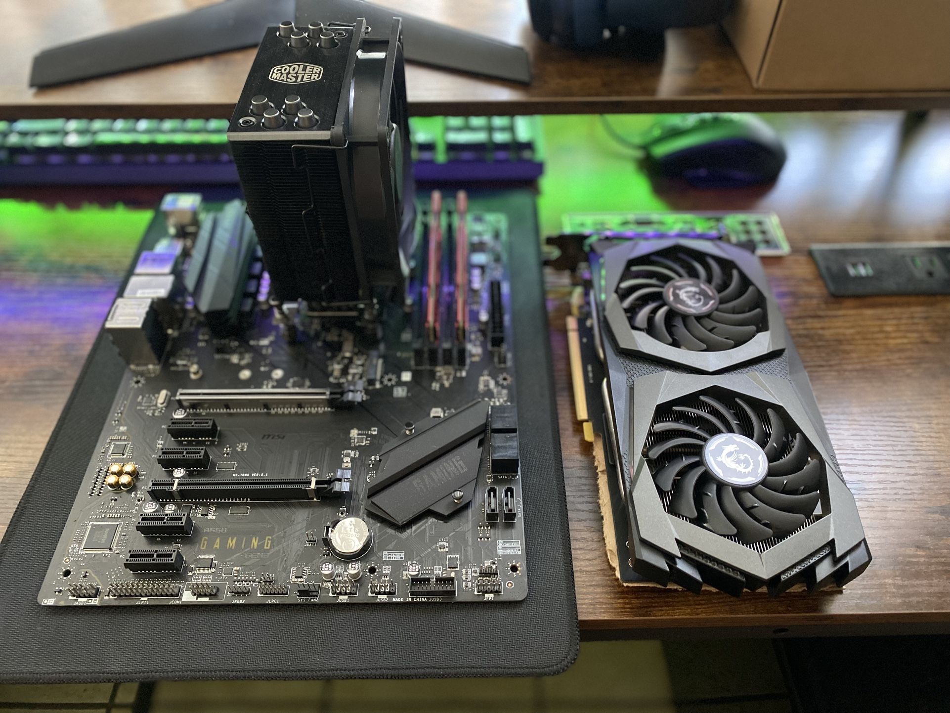 MSI B550 Gen 3 Motherboard, MSI Twin Frozr 1650 Super GPU, AMD 5 5500 CPU, 212 Hyper Cooler Master Air Cooler, Crucial Ballistix Sport RAM
