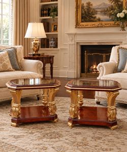 Pair of Ornate Empire Italian Wood Base with Ornate Gilded Leaf Glass Top End Tables🌷