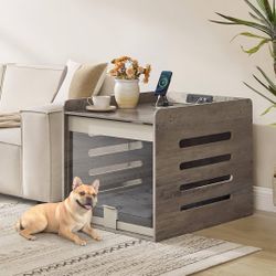 Dog Crate Furniture with Charging Station, Kennel Indoor with Flip-up Hidden Acrylic Door, for Small and Medium Dogs up to 45 lb, Side End Table, Heat