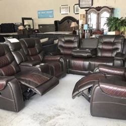New Three-Piece, Brown Leather, Reclining Sofa, Loveseat, And Chair Living Room Set