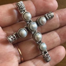 Vintage 925 Sterling Silver Large Cross Pendant w/ genuine Pearls, marked 925 Mexico