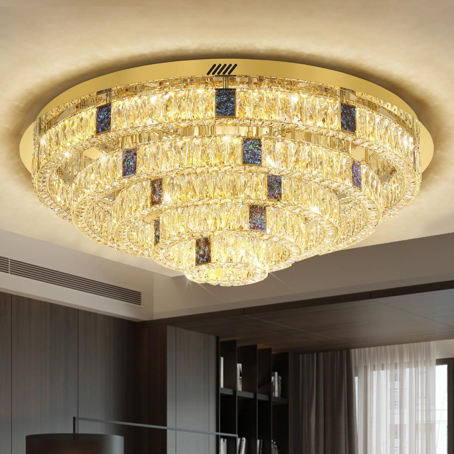 W40'' Crystal Flush Mount Chandelier Modern LED Gold Ceiling Chandeliers 5 Tier Large Crystal Chandeliers for Living Room Dimmable 3000k-6000k Gold 5