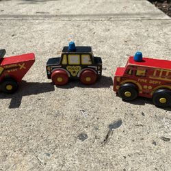 Vintage Wooden Toy Police Car Fire Truck and Helicopter Montgomery Schoolhouse