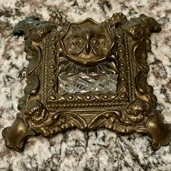 Antique Brass And Crystal Owl Ink Well