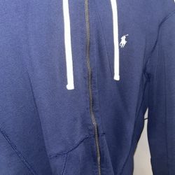 Polo Ralph Lauren Classic Full Zip Fleece Hoodie Navy Blue Waffle Lined Hood LG
