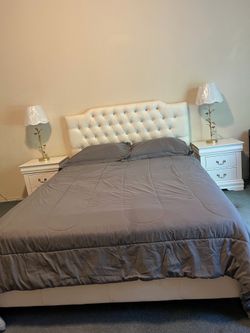 White Tufted Queen Bed Frame + Mattress