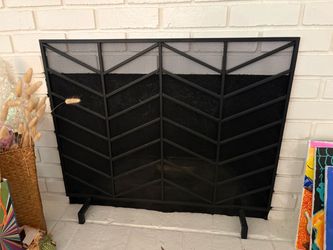 Black Metal Fireplace Screen with Chevron Design