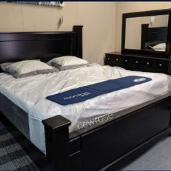  Black Bedroom Set 4-Piece (QB, Dresser Mirror Nightstand)