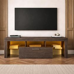 Modern Stand Console with LED Lights and Tempered Glass Shelves for TVs up to 55” , Brown E-31