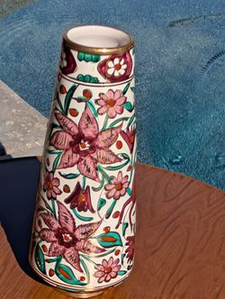 Signed Hand-Painted Icaros Pottery Greece Ceramic Floral and Deer Vase