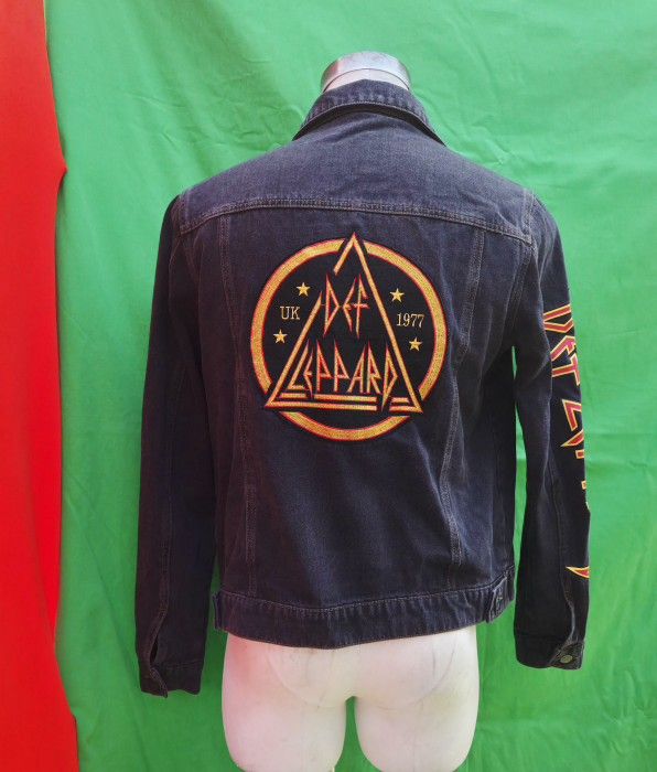 Def Leppard dark gray denim jean jacket blazer graphic patch men's size LARGE