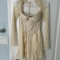 NINETTE Long Sleeve Lace Corset Mini Dress Ivory