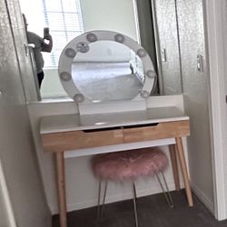 Small Vanity + Pink Fur Round Stool