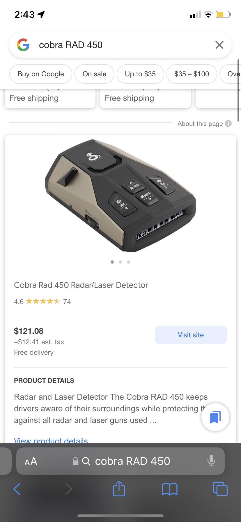 Cobra Rad 450 Radar/Laser Detector