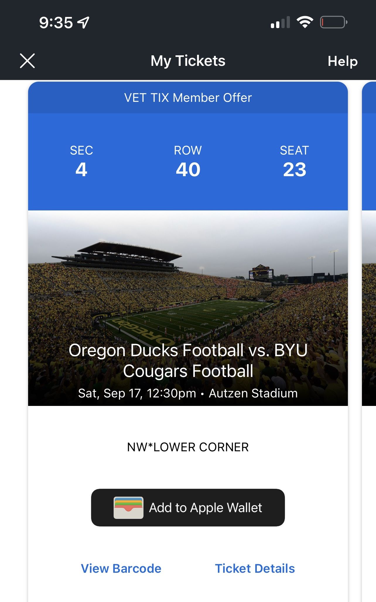 Ducks v.s BYU Saturday September 17th. Section 4