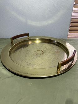 Vintage Hammered Brass-Tone Serving Tray with Wood Handles