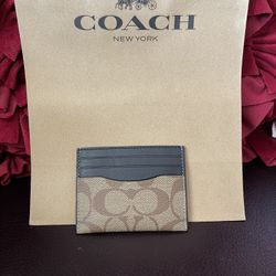 Coach Mens Tan Signature Canvas Leather Slim Card Case ID Holder Wallet Coach F58110 ID Card Case Tan Signature Canvas And Black Leather New  NWT   On