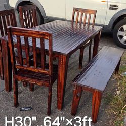 Rustic Solid Wood Dining Table 4 Chair Set w Bench