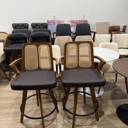 Set of 2 Swivel Counter Height Bar Stools - 27 inch Walnut Counter Stool with Cane Back, Upholstered Seat, Curved Arms, Faux Leather Counter Stools fo