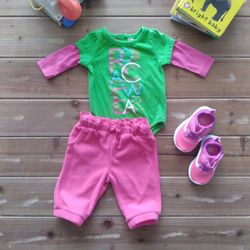 3MOS 2-PIECE OUTFIT CHARTREUSE GREEN ROCAWEAR BODYSUIT W/HOT PINK FLEECE JOGGER PANTS