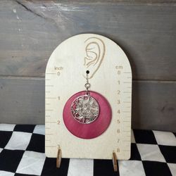 Pink Wood Disk Earring With Botanical Design