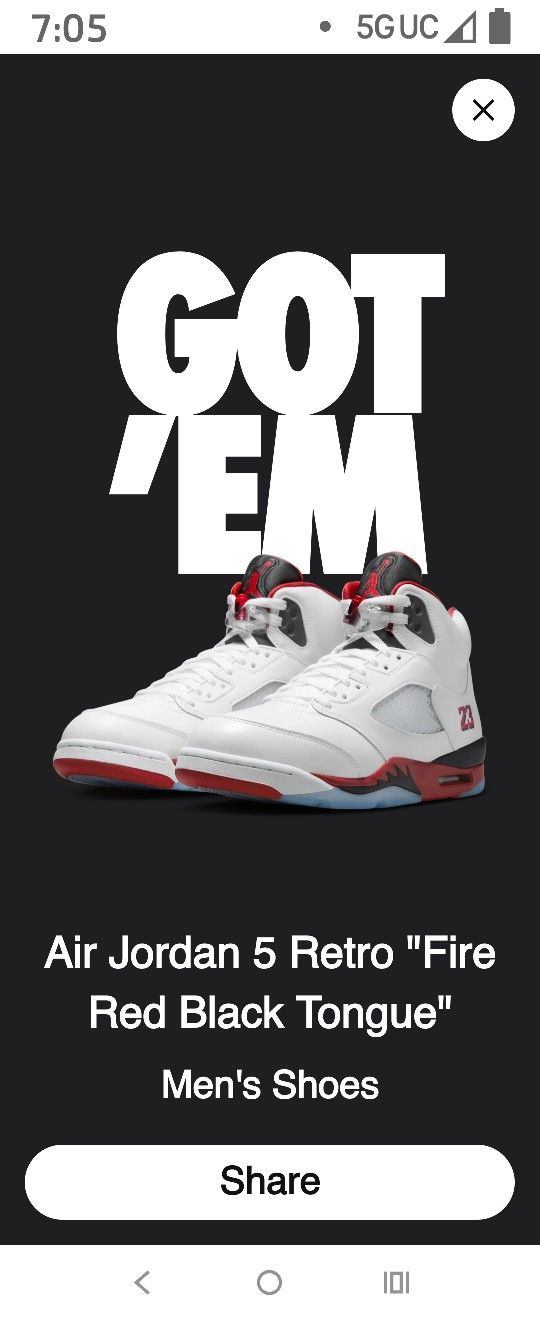 Jordan 5 Fire Red size 10,10.5,11,12