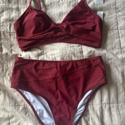 Dark Red Bikini Bathing Suit High Waisted Large Twist Front Top New Trendy Deep