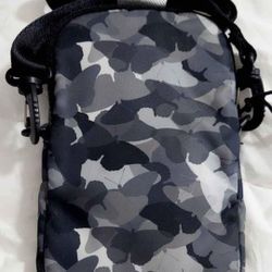 NEW!  Small Nylon Crossbody Cell Phone Bag, 2 Pockets, zipper & snap closure, BUTTERFLY GREY CAMO, 5.5" x 8" x 2.5"