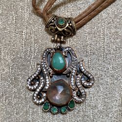 Antique Byzantine Style Mixed Topaz Stones Bronze & Sterling Sliver European Pendant Necklace 