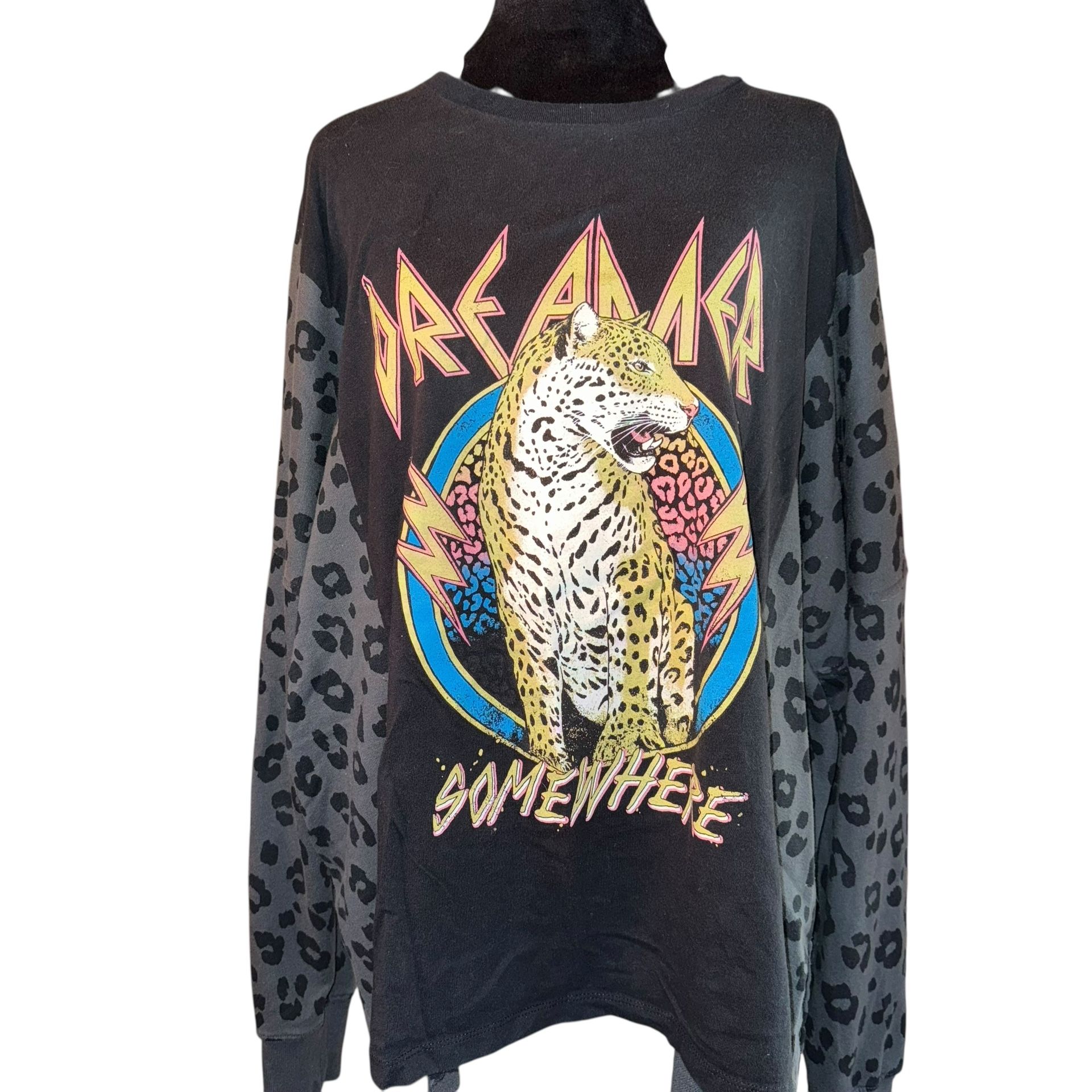 Reworked Upcycled Band T-shirt/Sweatshirt Festivals Cheetah Size Large READ The Reworked Upcycled Band T-shirt/Sweatshirt is a unique and stylish pi