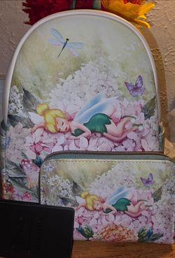 New! Loungefly Disney Peter Pan Tinker Bell Flowers Mini Backpack + WALLET