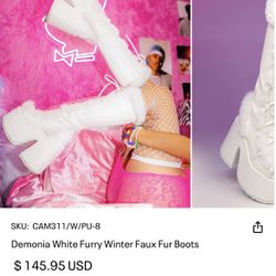 Demonia White Furry Winter Faux Fur Boots