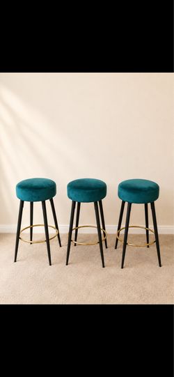 Set of 3 Modern Velvet Bar Stools – Black & Gold – Kitchen Island Chairs