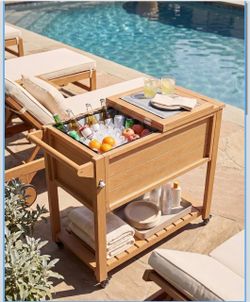 100 Qt Rolling Cooler Cart on Wheels, Wood-Grain Patio Cooler HIPS poly lumber, 24-hr cooling, dual folding lid, drain plug, bottle opener, ice scoop,