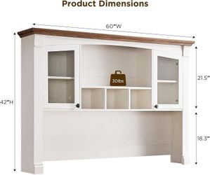 Farmhouse Hutch for 60" Executive Desk, Office Desk Storage Cabinet with Glass Doors and Shelves, Top Hutch Organizer for Home Office - Antique White