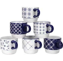 10 OZ Stackable Ceramic Coffee Mugs set of 6, Geometric Floral Pattern Small Mug, Blue White Porcelain Coffee Mug, Stacking Coffee Mugs, Tea Mug, Wate