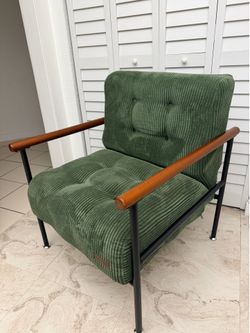 Green Corduroy Accent Chair with Wood Arms