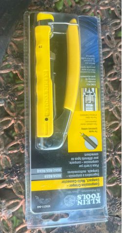 This is a Klein Tools Compact, Multi-Connector Compression Crimper (model VDV211-048) featuring distinctive bright yellow handles.