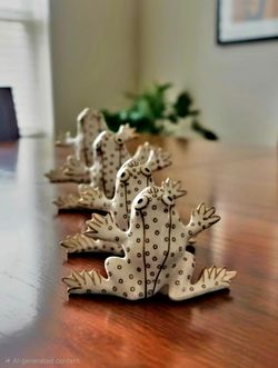VintageSet of 4 Frog Shaped Metal Napkin Rings White Gold Polka Dot. Cast Iron