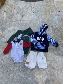 Lot of 4 Baby Boy Clothes 3-6 Months 2 Long Sleeve Onesies/1 Fleece Hoody/1 Pair Surf Shorts