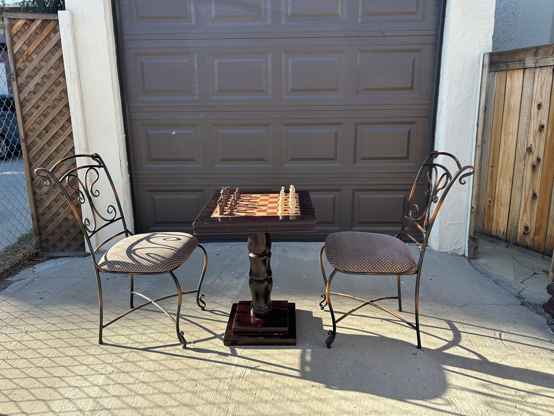 Antique Wooden Chess Set, Table, and Chairs