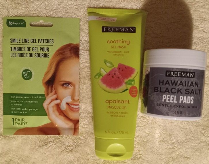 NEW FREEMAN SOOTHING GEL MASK/HAWAIIAN BLACK SALT PEEL PADS & B-PURE SMILE LINE GEL PATCH LOT