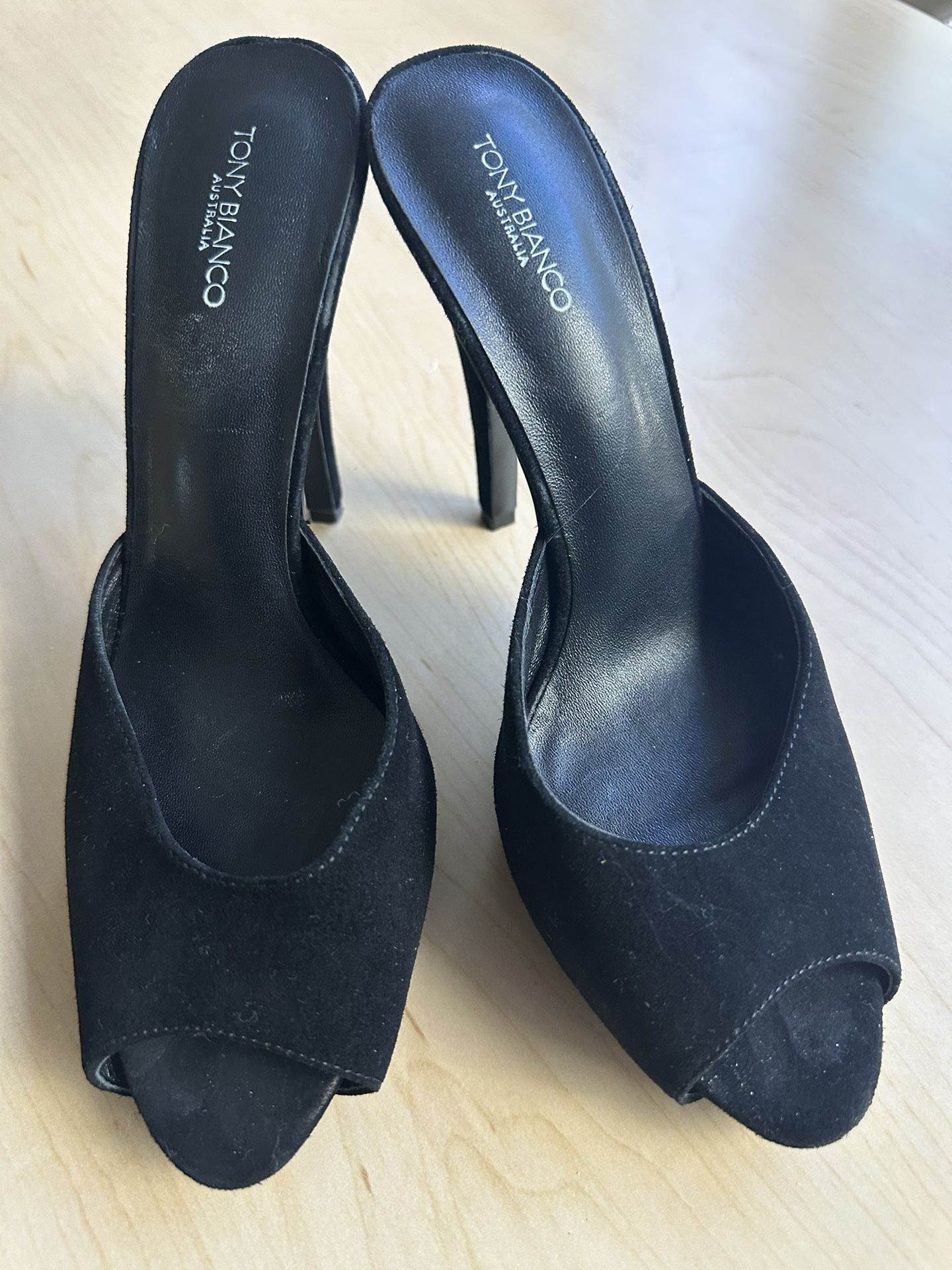 Tony Bianco Australia Black Suede Peep-Toe 5” Heels – Size 8 (Designer Stiletto Heels)