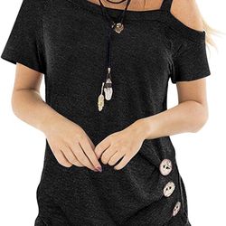 PRETTYGARDEN Women’s Solid Strap One Shoulder Short Sleeve Button Down T Shirt Ruched Loose Tunic Tops (Black, Medium)